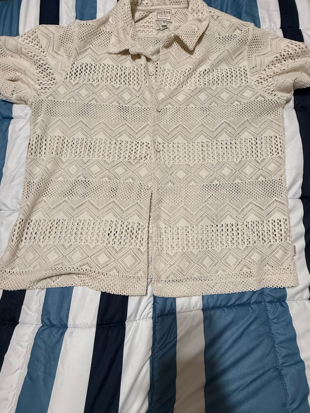 GUESS Cream Openwork Crochet Button-Up Top